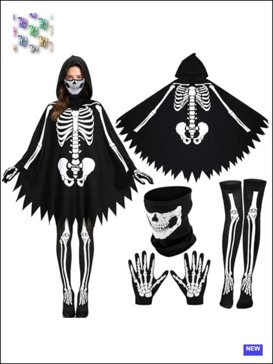 Other - Skeleton Halloween Costume Set Women Poncho Gloves Stockings Mask